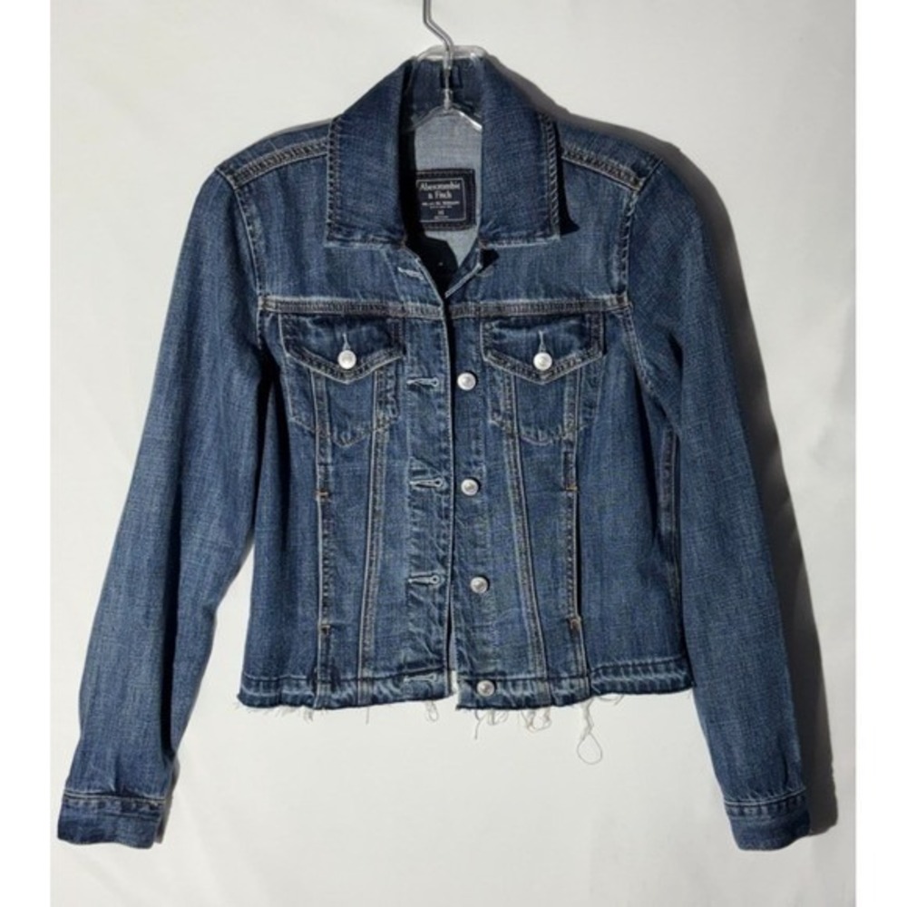 Abercrombie & Fitch Womens Denim Jacket Medium Wash Raw Hem Blue XS Cotton